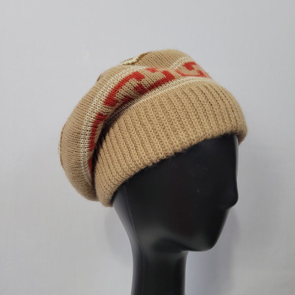 Vintage Betmar Knit Beanie Hat Unisex OS Beige Red Casual 80s Retro